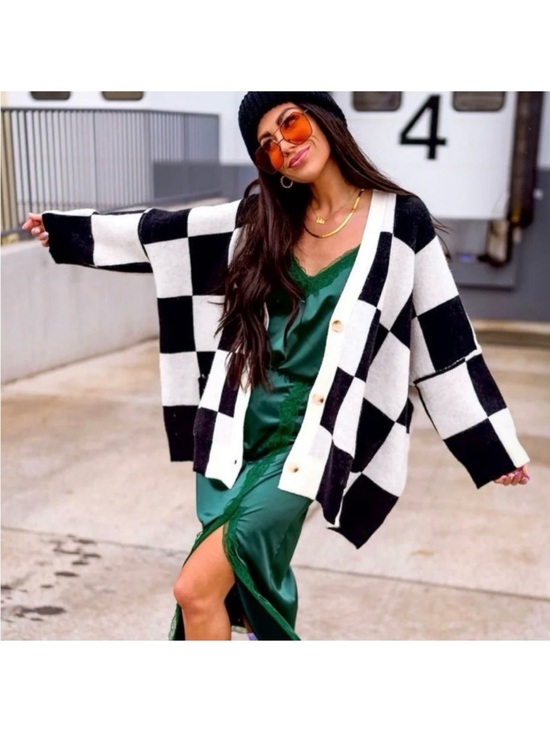 Dressed in LALA Sweaters - Dressed In Lala Love You Cardigan Sweater Checkerboard white Black S / M